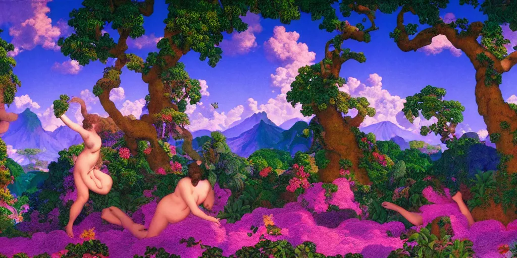 Image similar to a vaporwave landscape of the Garden of Eden by Maxfield Parrish, vaporwave style, digital art 8k