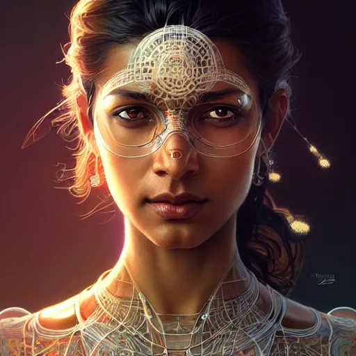 Image similar to ultra realistic illustration, an indian cyborg, transparent, static, intricate, elegant, highly detailed, digital painting, artstation, concept art, smooth, sharp focus, illustration, art by artgerm and greg rutkowski and alphonse mucha