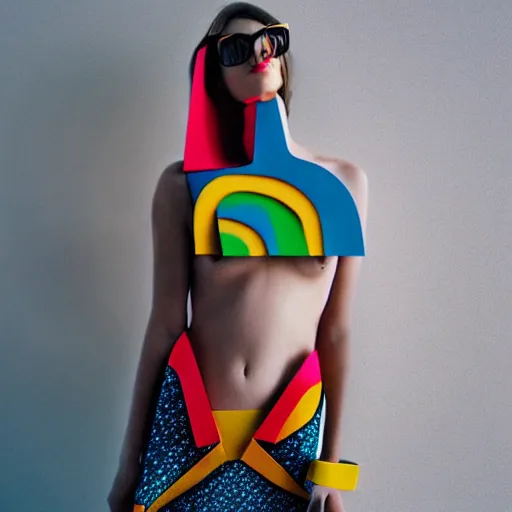 Prompt: geometric colorful smooth shapes rendered as a fashion photo