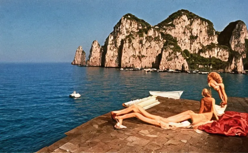 Prompt: still from l'estate, a movie by luchino visconti ( 1 9 7 4 ) set in capri. technicolor, dramatic light, cinematic composition, flamboyant