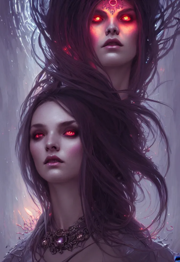 Image similar to Necromancer Sorceress face in center, fantasy magic, undercut hairstyle, dark light night, intricate, elegant, sharp focus, illustration, highly detailed, digital painting, concept art, matte, art by WLOP and Artgerm and Greg Rutkowski and Alphonse Mucha, masterpiece