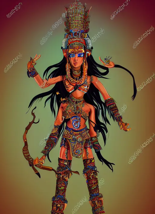 Prompt: character design, full body view, head to feet view, beautiful aztec warrior, muse goddess, crown of very long quetzal feathers, glowing aztec tattoos, pretty, dark fantasy