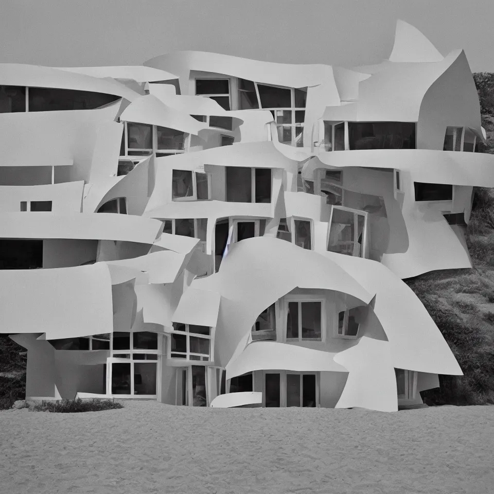 Prompt: architecture ad for a small mid-century modern house on the beach, designed by Frank Gehry. Film grain, cinematic, yellow hue