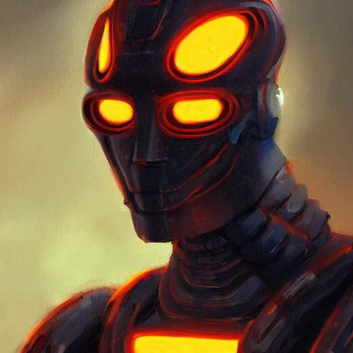Image similar to Cybernetic man portrait, radiant orange light, in the style of WLOP and tony sart