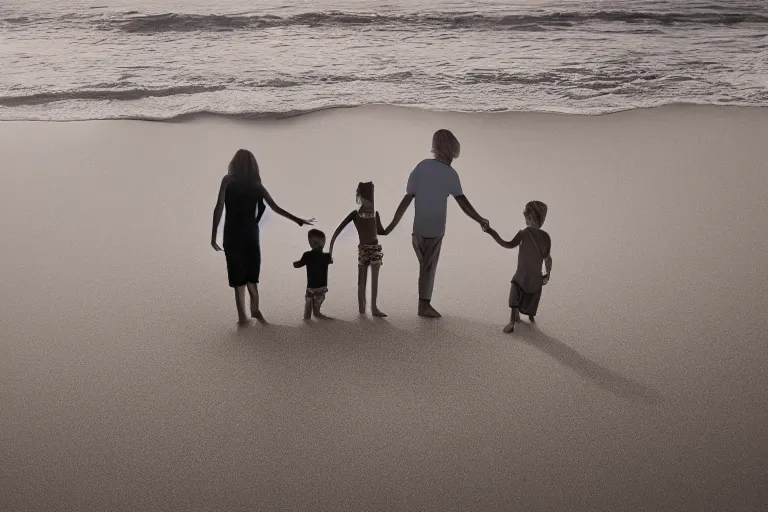 Image similar to a photorealistic photograph of a family on the beach, holding hands, far - view, art, cinematic composition, octane render, high detail, 8 k, artstation trending, jcpenney portraits, wide shot, outdoors, wide - angle lens, soft focus, very coherent