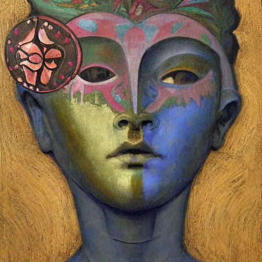 Prompt: masterpiece painting of a facemask made of stylized flowers, by annie swynnerton and jean delville and john watkiss and rufino tamayo and tino rodriguez, flower mask, art deco shaman, symbolist, dramatic lighting, god rays, elaborate geometric ornament, modern realism, clean crisp graphics, soft cool colors, smooth, sharp focus, extremely detailed