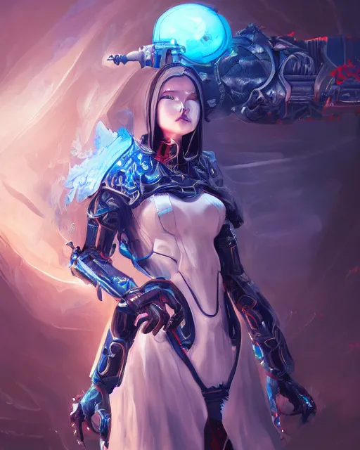 Image similar to holy cyborg necromancer girl, elegant, scifi, futuristic, utopia, garden, illustration, atmosphere, top lighting, blue eyes, white hair, beautiful, artstation, highly detailed, art by yuhong ding and chengwei pan and serafleur and ina wong