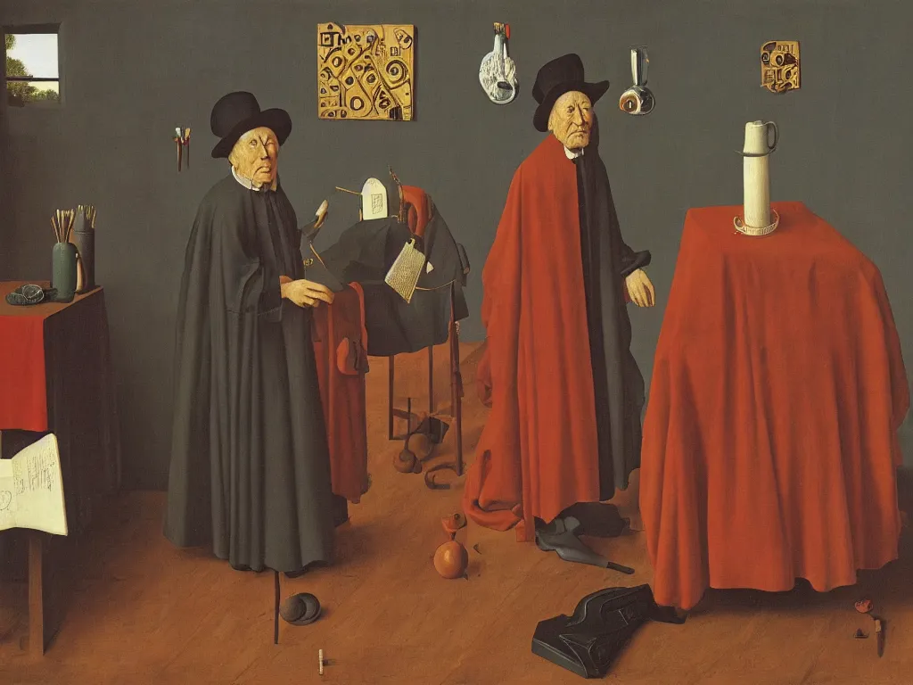 Image similar to obituary for an alchemist. painting by jan van eyck, rene magritte