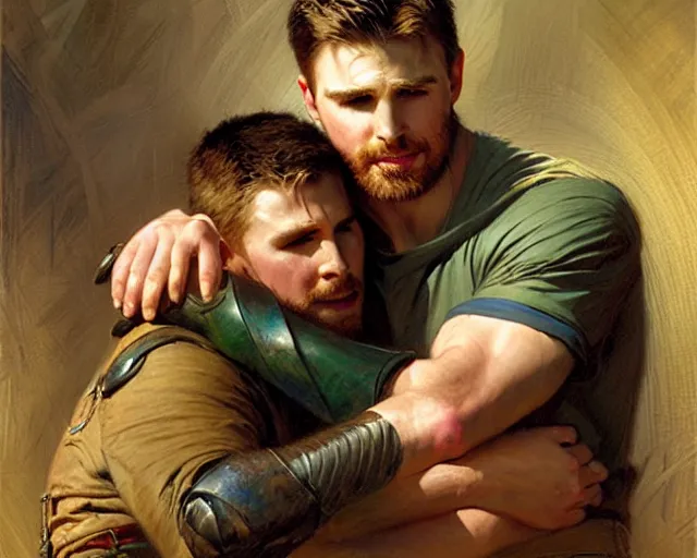 Prompt: stephen amell comforting chris evans, painting by gaston bussiere, craig mullins, j. c. leyendecker