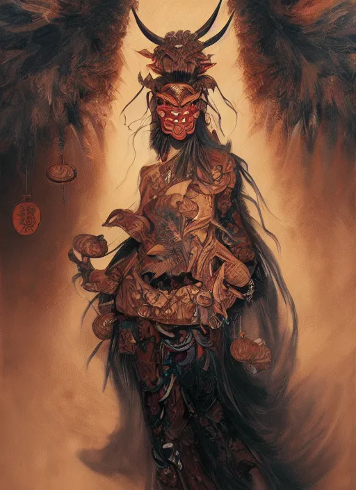 Prompt: a beautiful detailed oil on copper art illustration of a japanese tengu mask with big nose devil woman, centered, by charlie bowater, zeng fanzh, trending on artstation, dim dusk lighting, cinematic lighting, detailed lighting, volumetric lighting, realistic, f 8, 4 k hd wallpaper