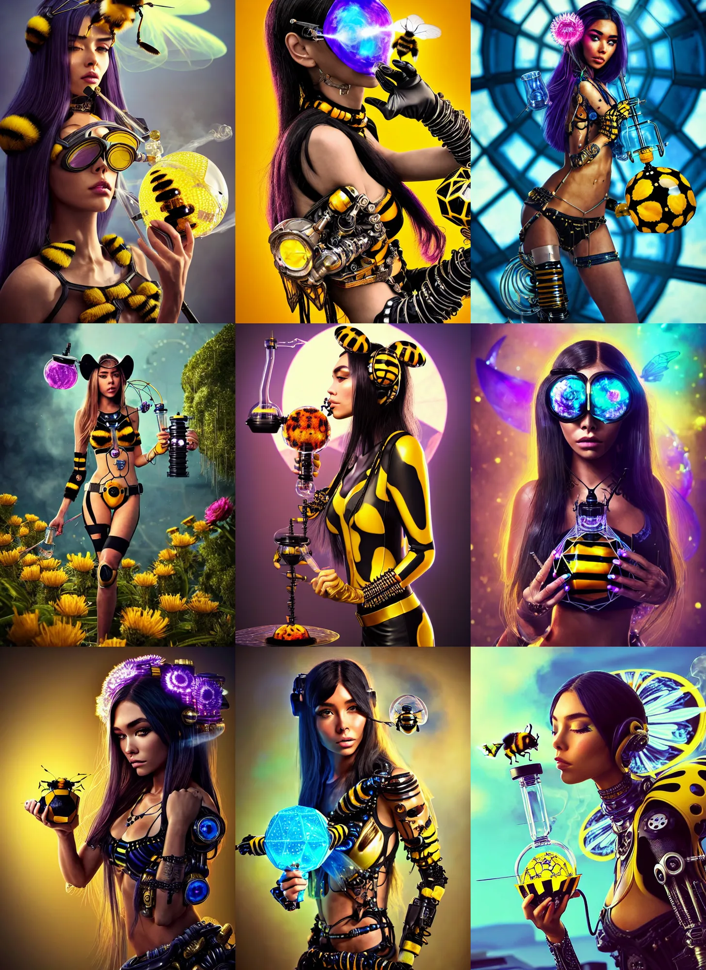 Prompt: polished lush obsidian bumblebee cowgirl raver madison beer ornate floral cyborg smoking a geodesic bong : : weta disney pixar movie still photo : : hi - fructose, sci fi, decadent highly - detailed digital painting, golden ratio, octane render, artstation, smooth, sharp focus, beeple, artgerm mucha, loish : :