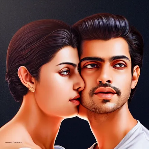 Image similar to perfectly centered symmetrical split male and female portrait of bollywood man and woman in love sharing one heart ; art by artgerm, photorealistic, highly detailed ; trending on artstation ; portrait by wlop