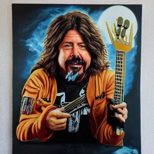Prompt: wookie dave grohl, flying millenium falcon, hans solo playing drums in background, hyperrealism