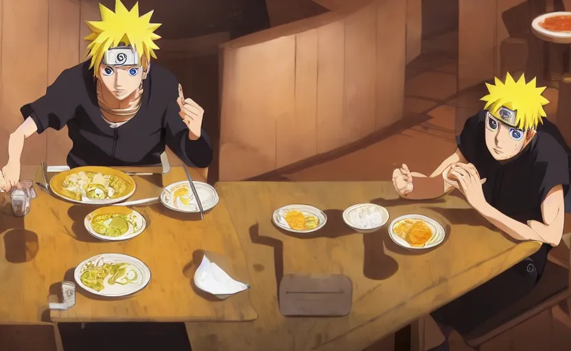 Prompt: Naruto Uzumaki eating ramen at ichiraku ramen shop all alone, anime concept art by Makoto Shinkai, digital art, 4k, trending on pixiv