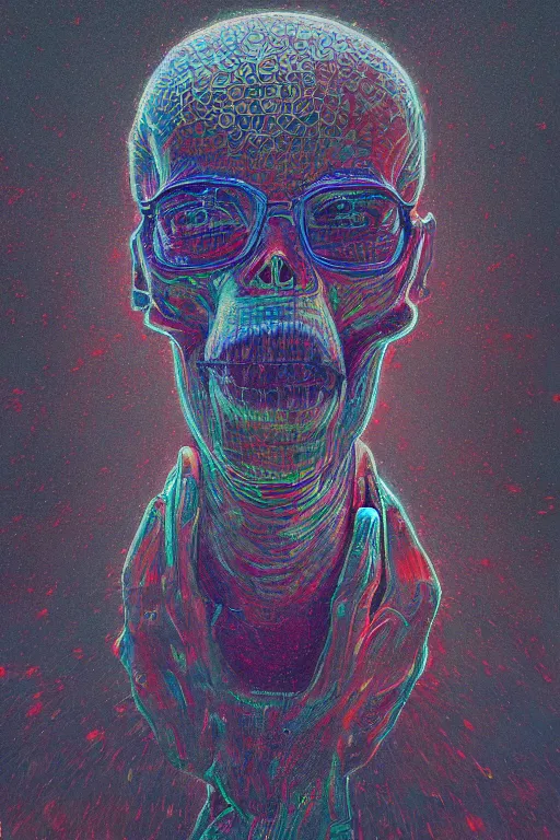 Image similar to 4K Malcom X cyberskull portrait inspired in beksinski and dan mumford work, remixed with Simon Stalenhag work, sitting on the cosmic cloudscape