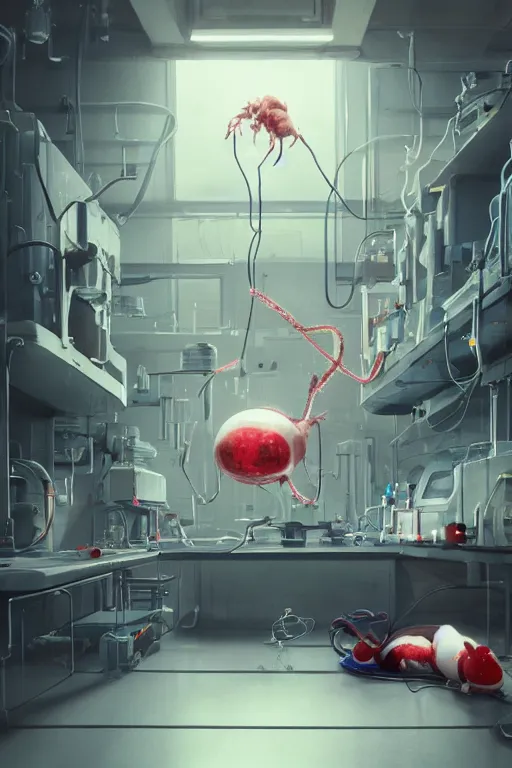 Image similar to mechanics scientist in lab facility looking at bloody mickey mouse head lifted by claw,, made by beeple, cgsociety, artgerm, greg rutkowski, highly detailed intricate 4 k art, low light cinematic, octane render, unreal engine, smooth concept art