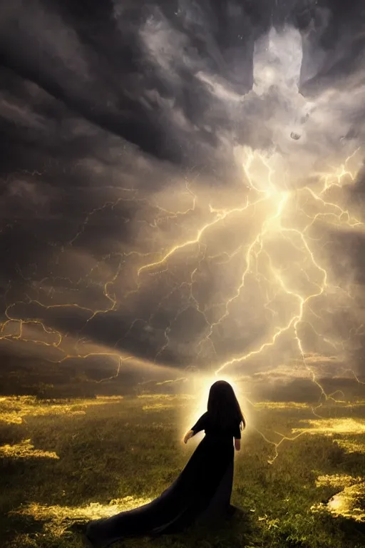 Image similar to a young girl with flowing black hair and chequered robe is watching a storm inside a symmetrical fantasy crystal. atmospheric, 4 k, highly detailed. surrounded by golden rays of light