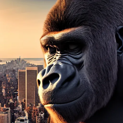 Image similar to giant gorilla on the top of new york, beautiful dynamic lighting, cinematic, extremely high detail, photo realistic, cinematic lighting, 8 k