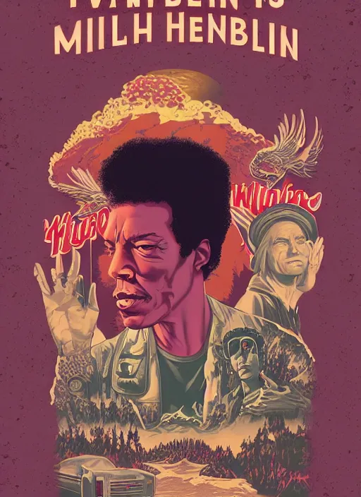 Image similar to Twin Peaks movie poster artwork by Michael Whelan and Tomer Hanuka, Rendering of Jimi Hendrix, is the school teacher in Twin Peaks, from a scene from Twin Peaks, clean, full of detail, Matte painting, trending on artstation and unreal engine