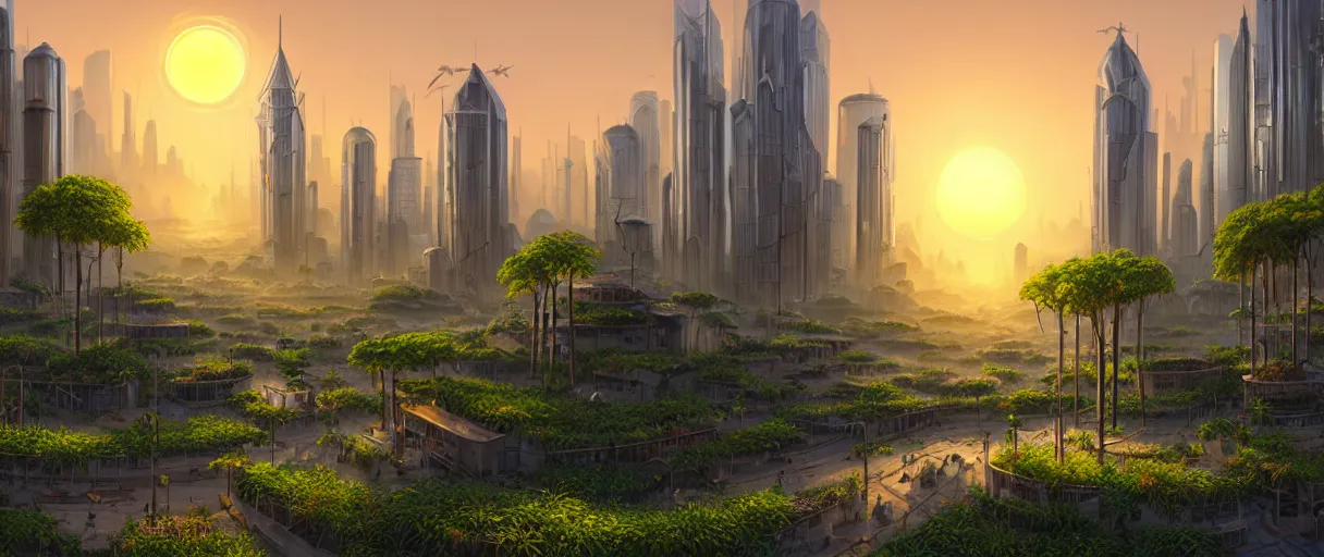 Image similar to matte painting solarpunk cityscape plants highly detailed sunrise