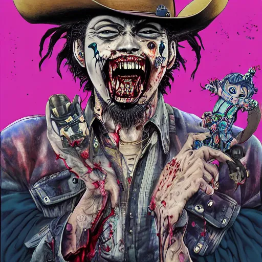 Prompt: portrait of crazy post malone zombie, with cowboy hat, symmetrical, glamour, by yoichi hatakenaka, masamune shirow, josan gonzales and dan mumford, ayami kojima, takato yamamoto, barclay shaw, karol bak, yukito kishiro