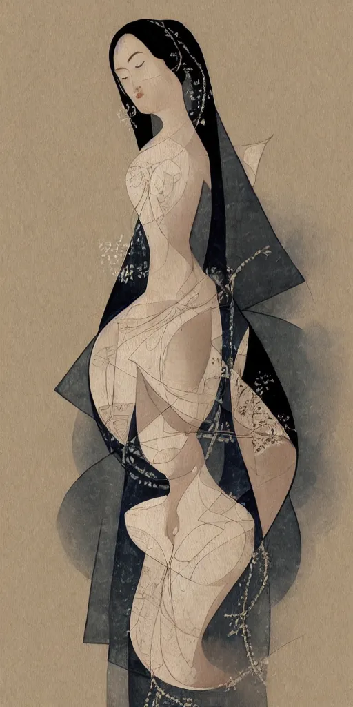 Prompt: “a painting of a female figure adorned with a dress created by calligraphic flourishes, ambient occlusion, ultra detailed, soft facial features, geometric array of shapes fading into the background, shallow depth of field, bokeh, subtle shadows, monochromatic color scheme, pops of color, pastel tones, hd”