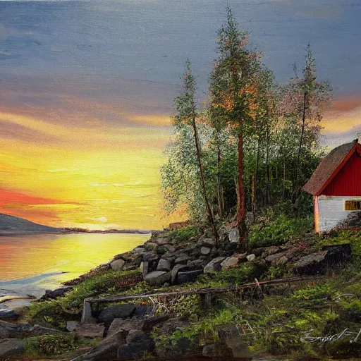 Image similar to overgrown norwegian village at the coast, sunset, arctic, beautiful, oil painting