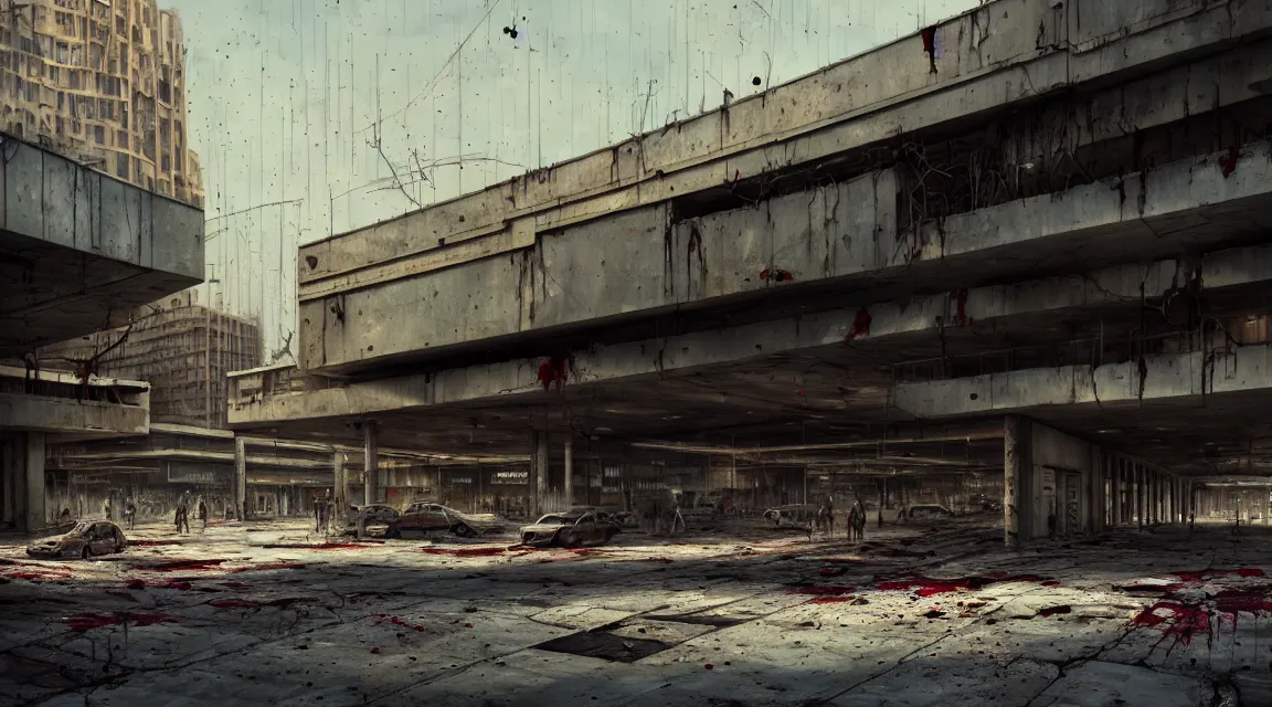 Prompt: post apocalyptic shopping center, building, avenue, extremely detailed, sharp focus, fine details, realistic shaded, depth of field, colorful, modern contemporary americana concrete architecture, by pascal blanche, greg rutkowski, shaddy safadi, neil blevins, trending on artstation, high quality, photorealistic, blood stains, crumbling, silhouettes