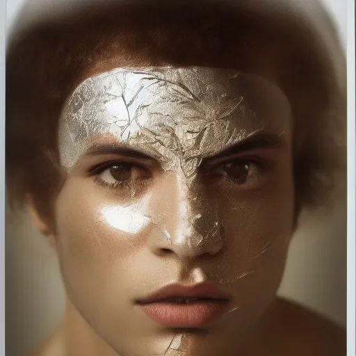 Image similar to a close up portrait of a beautiful athletic young persian male with his face covered in silver leaf , photographed by erwin olaf, artistic