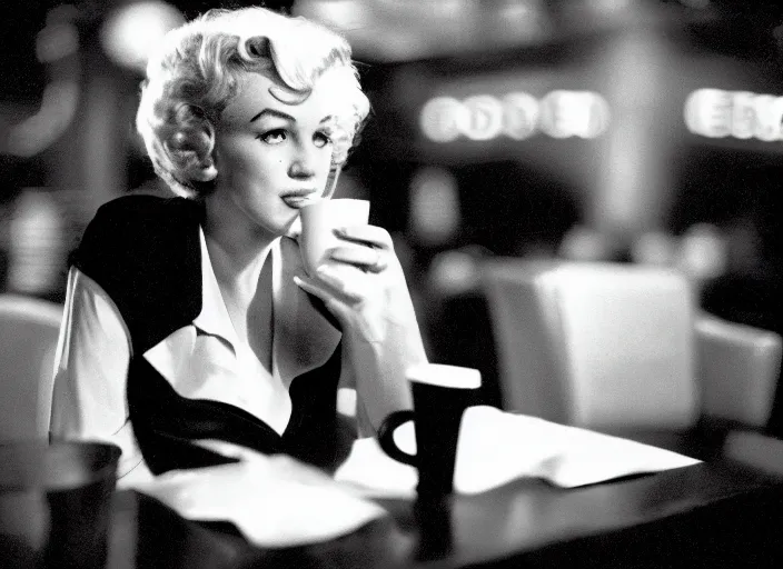 Image similar to A full-shot, color cinema film still of a marlin monroe drinking coffee at a starbucks, ambient lighting at night.