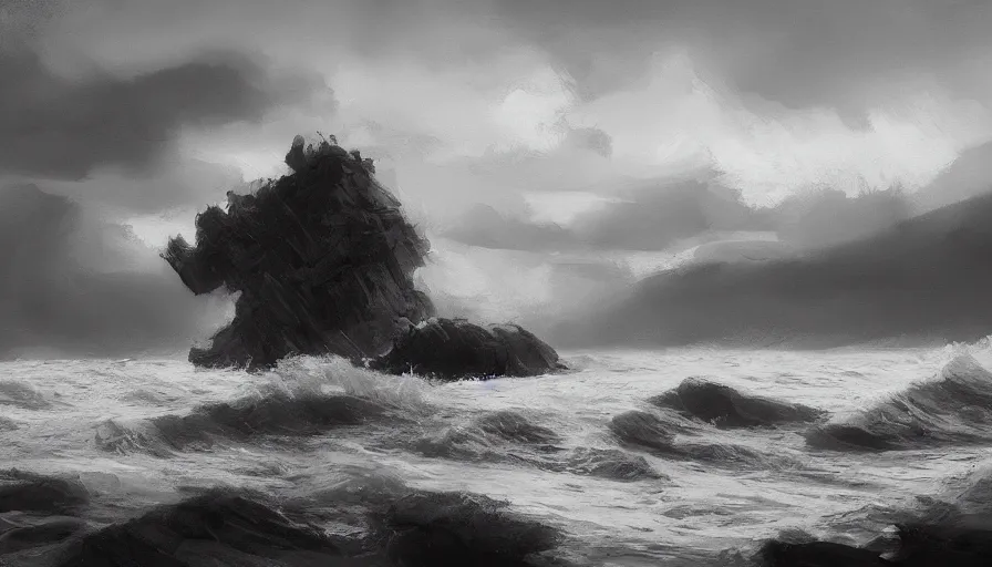 Prompt: sea, enviroment thumbnail black and white, cgsociety, oil painting by jama jurabaev, extremely detailed, brush hard, artstation, high quality, brush stroke