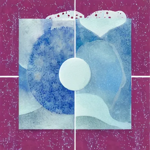 Prompt: mixed media winter icon collage illustration in soft watercolor style, ice blue cold hues