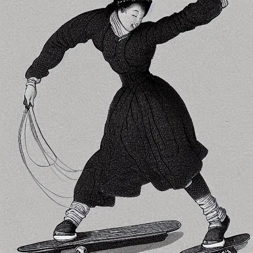 Prompt: lady skateboarding, high detail, 1 9 th century illustration by uijung kim