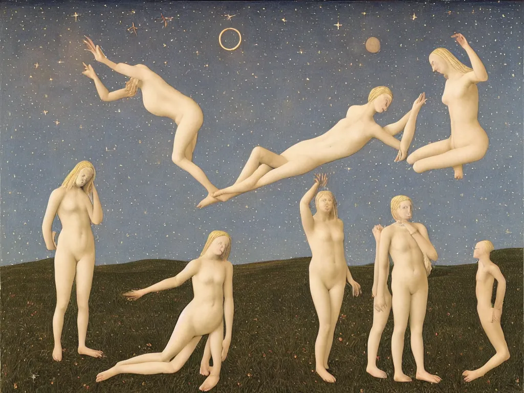 Prompt: Saint star-gazing. Devil is tempting him with cloaked maidens. Painting by Alex Colville, Piero della Francesca