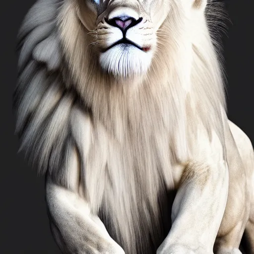 Image similar to a full body photograph of a white lion,photorealiatic,hyperdetailed,hyperrealistic,studio lighting,studio photography,professional photography,professional lighting,detailed face,3 point lighting,4k,dramatic