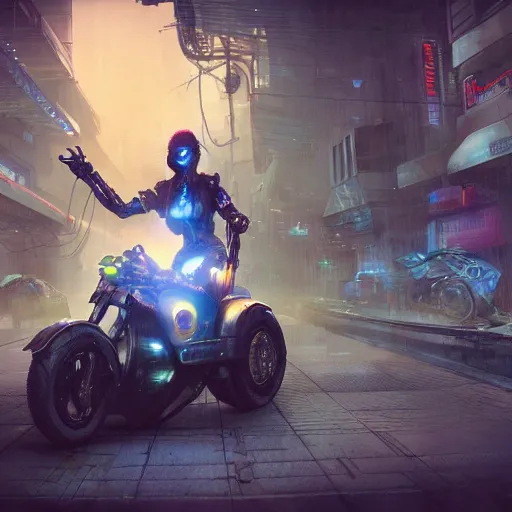 Image similar to ghostpunk woman riding a cyberpunk futuristic motorcycle in the city by eddie mendoza and greg rutkowsi, foggy, dark, moody, volumetric lighting, dirty