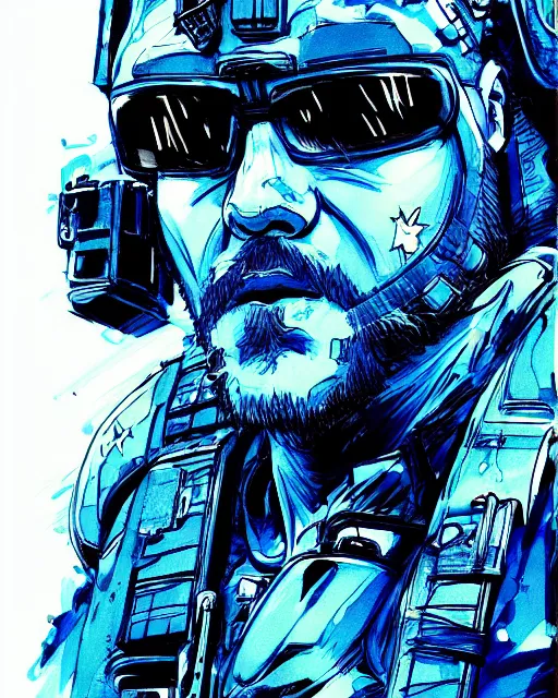 Image similar to portrait of a special ops swat officer, blue color splash, concept art, sumi - e style, intricate linework, artstation, trending, highly detailed, smooth, focus, art by yoji shinkawa,