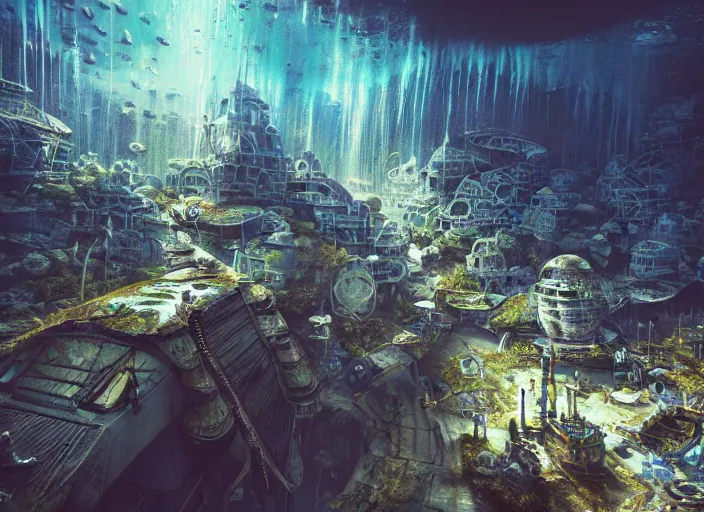 Prompt: favela spaceship cathedral, underwater environment, sorcery, scenery, professional, award - winning, trending on artstation, hyper detailed, realistic, beautiful, emotional, shiny, romantic, picture