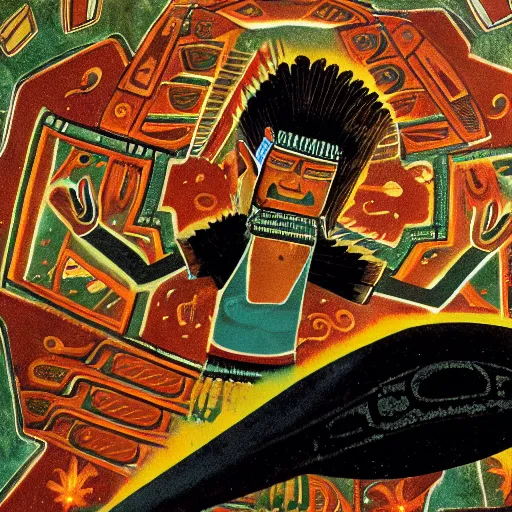 Prompt: mayan fresco of dan akroyd piloting a ufo, national geographic