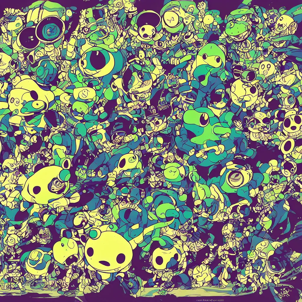 Image similar to toads, frogs, ryuta ueda artwork, breakcore, style of jet set radio, y 2 k, gloom, space, cel - shaded art style, indigo rainbow, data, minimal, takashi murakami artwork, code, cybernetic, dark, eerie, cyber