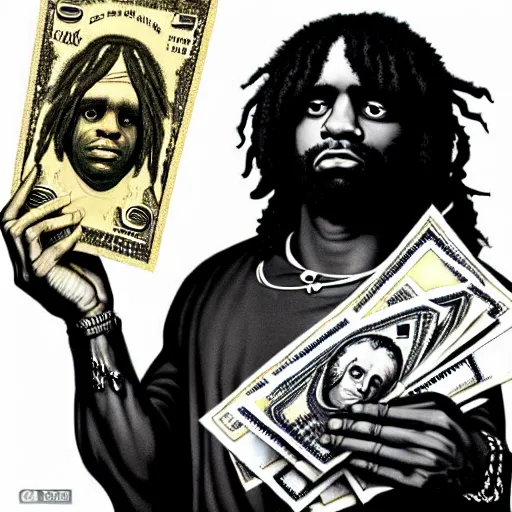 Image similar to highly accurate cheef keef rapper holding stacks of cash, biblical image, style of gustave dore, highly detailed, beautiful, high contrast, black and white