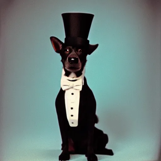 Prompt: photo of dog wearing top hat, Kodak Super 8, 8mm, full-HD