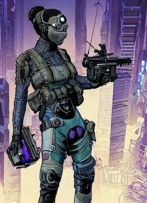 Image similar to selina igwe. apex legends buff cyberpunk spy in stealth suit. concept art by james gurney and mœbius. gorgeous face.