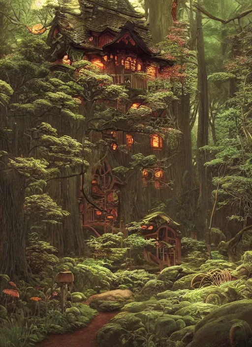 Image similar to hyper realistic witch cottage japanese shrine in the woods gorgeous lighting, highly detailed, lush forest painting by zdzisław beksinski and norman rockwell and greg rutkowskiweta studio, and lucasfilm