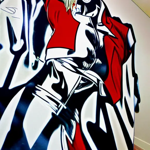 Image similar to Wall mural portrait of Vash the Stampede, urban art, pop art, artgerm, by Roy Lichtenstein