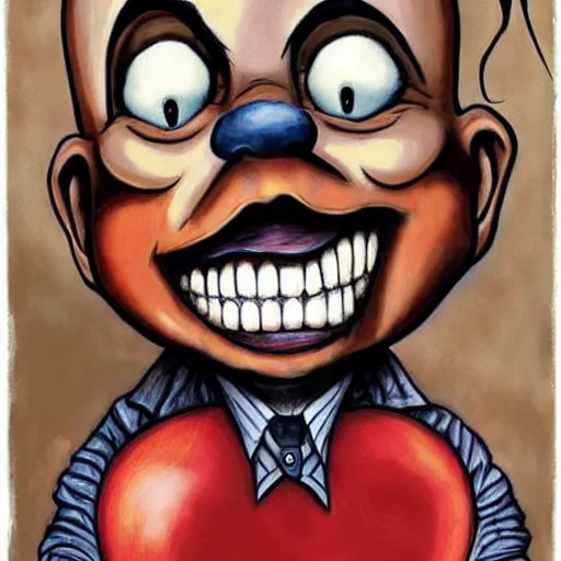 Image similar to grunge cartoon painting of kanye with a wide smile and a red balloon by chris leib, loony toons style, pennywise style, corpse bride style, horror theme, detailed, elegant, intricate