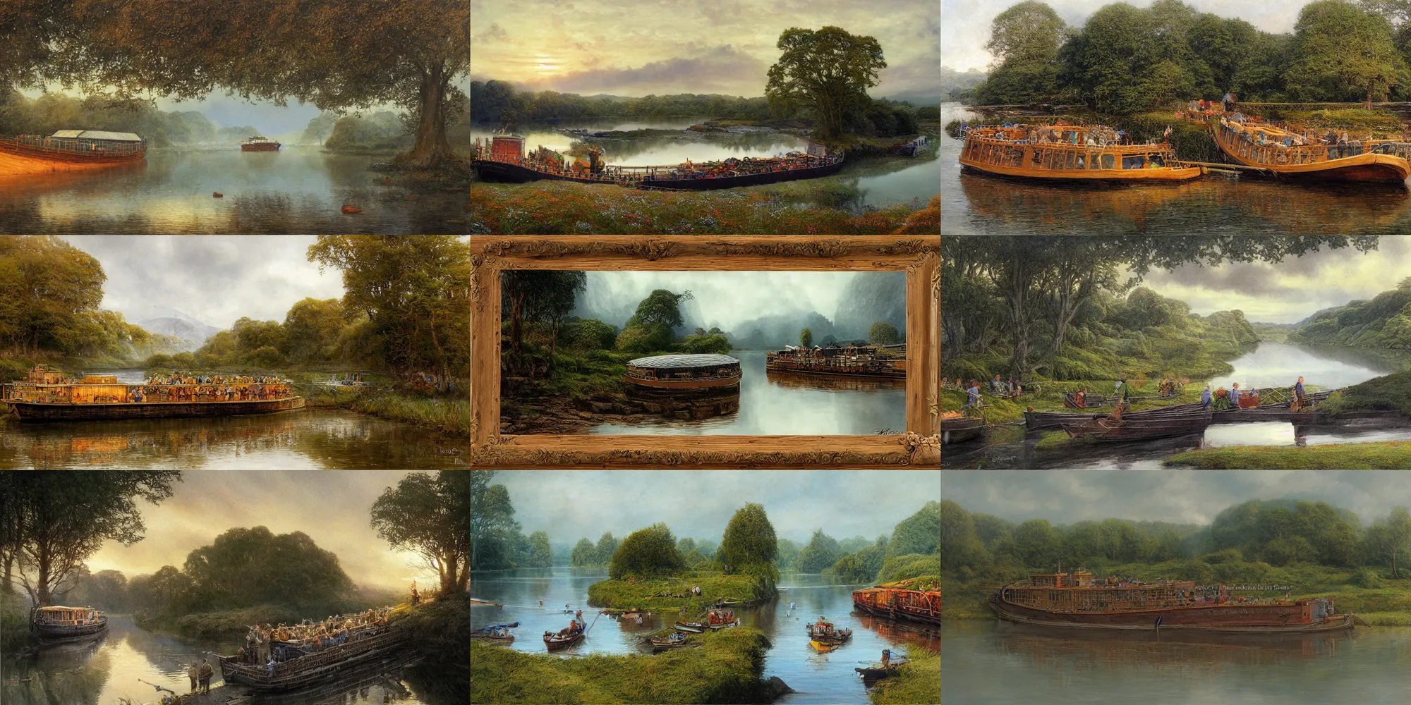 Prompt: bucklebury ferry, a flat wooden ferry loaded with goods, by alan lee, mirror like water on a great river, hobbits, sunrise, concept art, detailed trees in bloom, art station, oil painting