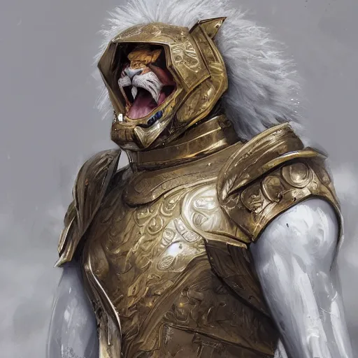 Prompt: a beautiful award winning commission of a male anthro albino lion dressed in diamond armour,digital art,art by greg rutkowski,character design by charles bowater,ross tran,photorealistic,highly detailed,detailed face,4k,dramatic,deviantart,artstation