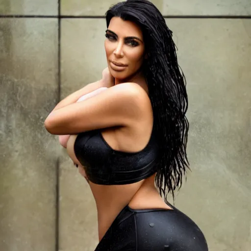 Image similar to kim kardashian leaning against a wall caught in the rain, soaked hair, wet body, wet clothing, 4k HD award winning photograph, wide shot, long depth of field