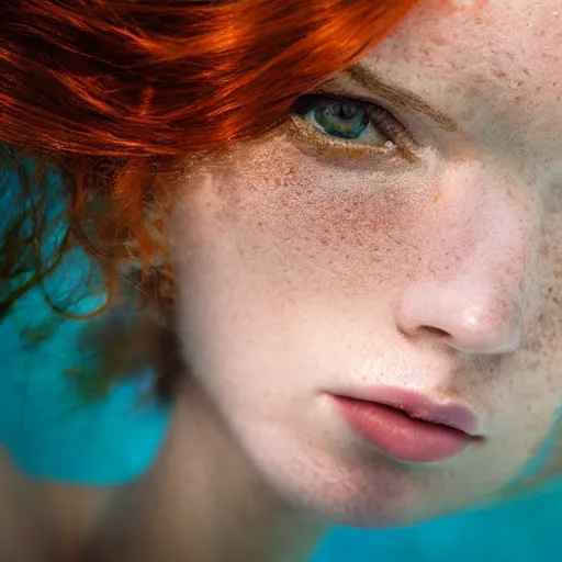 Image similar to low angle underwater still of a beautiful redhair model looking off into the distance, long curvy hairstyle, beautiful medium aquamarine eyes, spots of foxing, with a soft natural undersea golden hour rays of light falling on her face. focus is on her eyes and browsl, water refraction, fujifilm x - pro 2. by annie leibowitz